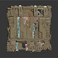 Futuristic Industrial Stone Building With Multi Level Structure And Mechanical Elements