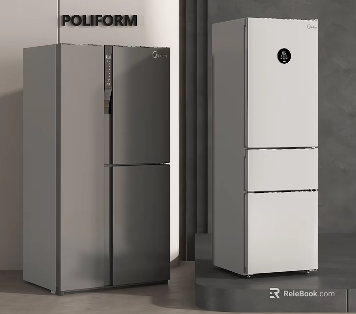 Modern Style Gray Double Door Refrigerator and White Triple Door Freezer with Digital 3d model 