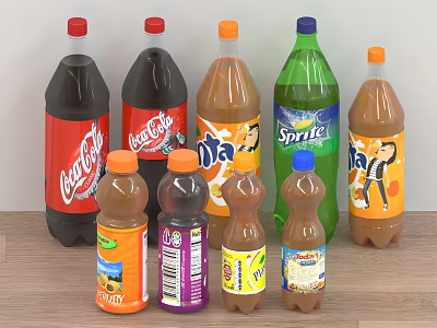 Assorted Beverage Bottles Including Coca Cola Sprite Fanta In Different Sizes And Colors 3d model