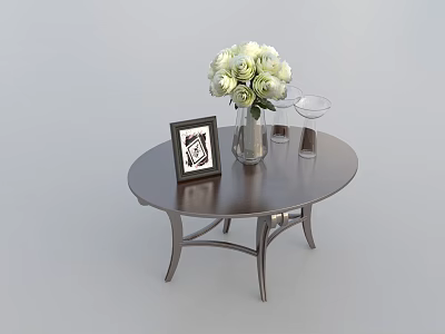 Round Coffee Table In Living Room With Picture Frame White Roses Vase And Wine Glass 3d model