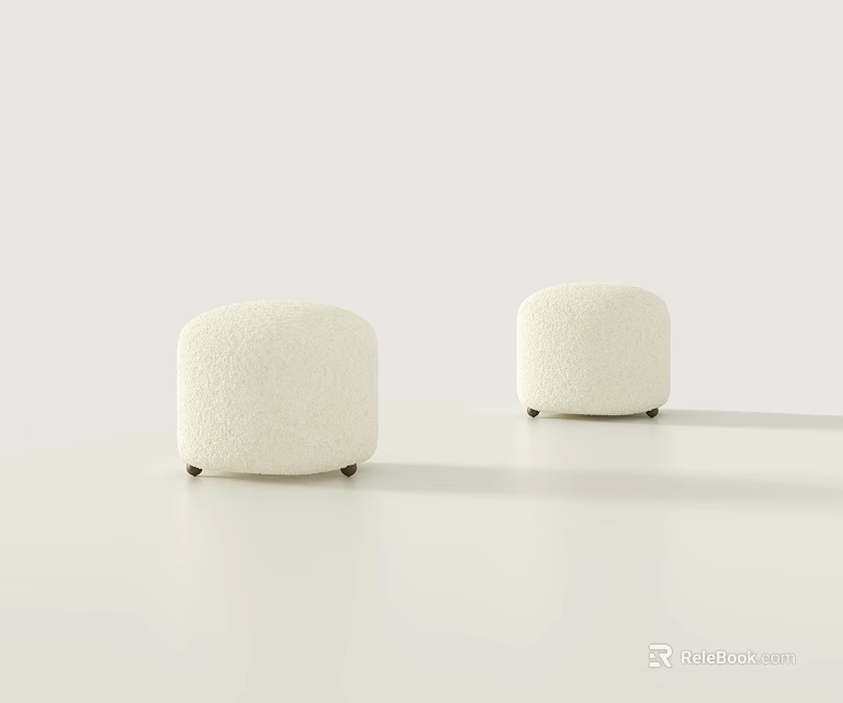 Two White Plush Round Stools With Black Legs In Modern Simple Design 3d model