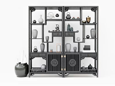 Traditional Chinese Wooden Display Cabinet With Carved Doors Multiple Shelves And Decorative Vases Tea Sets 3d model