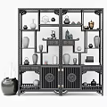 Traditional Chinese Wooden Display Cabinet With Carved Doors Multiple Shelves And Decorative Vases Tea Sets