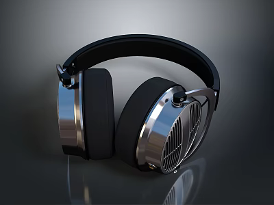 High Quality Computer Headphones With Black Headband Silver Ear Cups On Dark Surface With Reflection 3d model