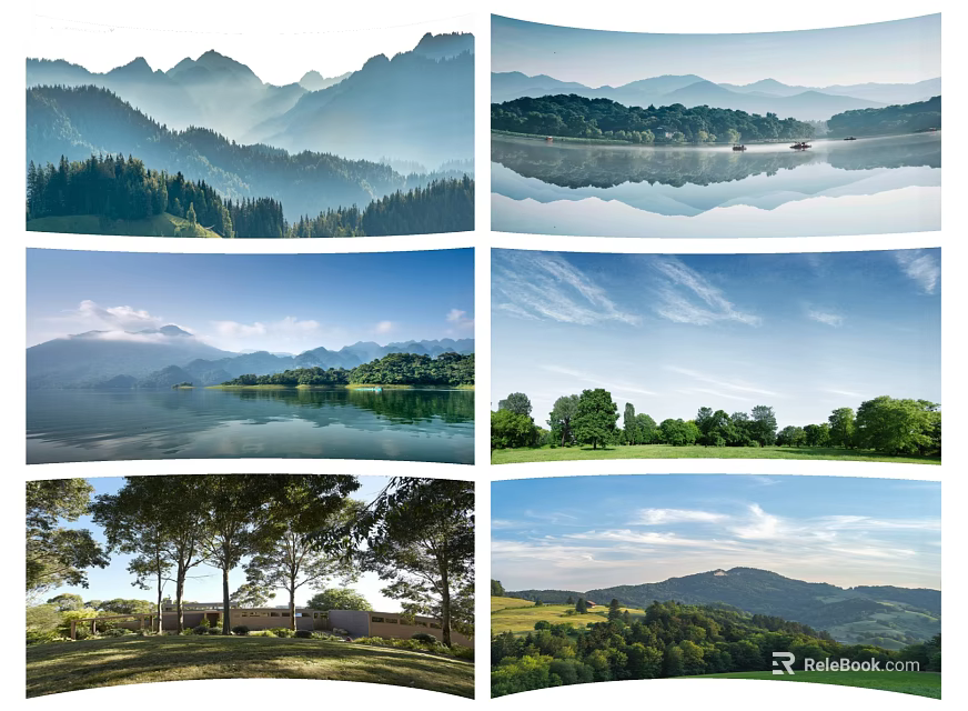 Scenic Natural Landscapes With Mountains Lakes Forests Green Meadows And Clear Skies 3d model 