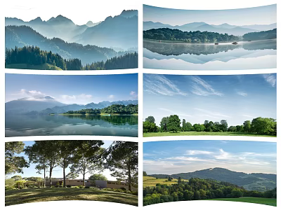 Scenic Natural Landscapes With Mountains Lakes Forests Green Meadows And Clear Skies 3d model