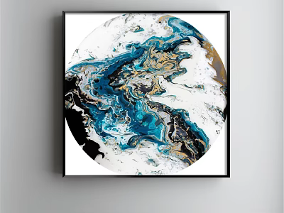 Circular Abstract Painting With Blue Gold White Black Fluid Swirled Patterns In Black Frame 3d model