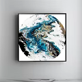 Circular Abstract Painting With Blue Gold White Black Fluid Swirled Patterns In Black Frame