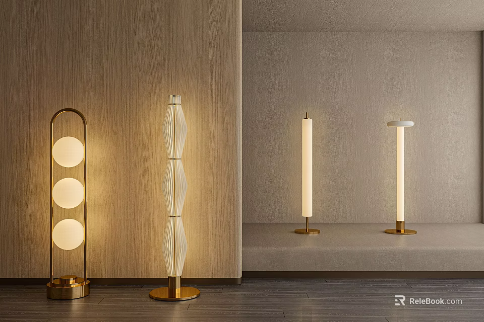 Modern Floor Lamps Featuring Various Designs Golden Bases And Soft Lighting In Wooden Setting 3d model 