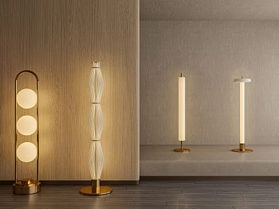 Modern Floor Lamps Featuring Various Designs Golden Bases And Soft Lighting In Wooden Setting 3d model