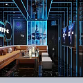 Stylish KTV Lounge Interior with Purple Blue Lighting Sofas Coffee Tables Large Starry Galaxy Screen 3d model