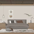 Serene Bedroom Interior With Woven Ceiling Wooden Furniture Beige Walls And Framed Artworks