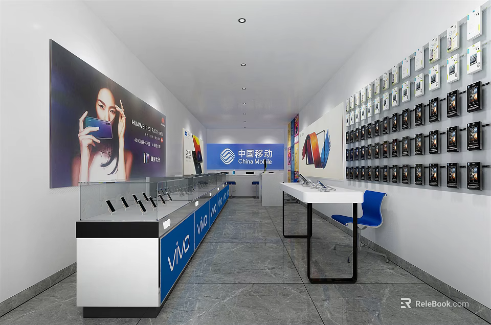 China Telecom Mobile Phone Store Interior With Blue Counters Display Cabinets And Posters 3d model