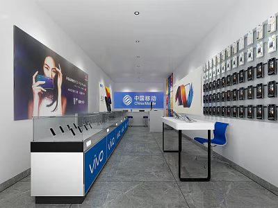 China Telecom Mobile Phone Store Interior With Blue Counters Display Cabinets And Posters 3d model