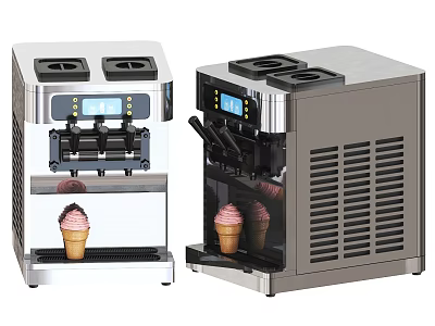 White And Stainless Steel Ice Cream Machine Kitchen Appliance With Digital Display And Cones 3d model