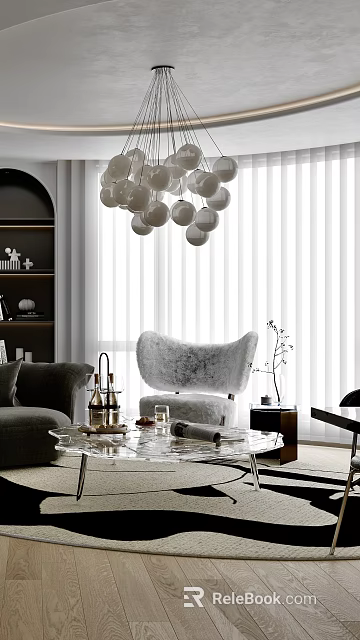 Modern Living Dining Room With White Spherical Chandelier Gray Sofa And Glass Coffee Table 3d model 
