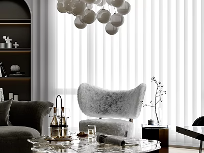 Modern Living Dining Room With White Spherical Chandelier Gray Sofa And Glass Coffee Table 3d model