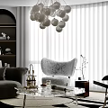 Modern Living Dining Room With White Spherical Chandelier Gray Sofa And Glass Coffee Table