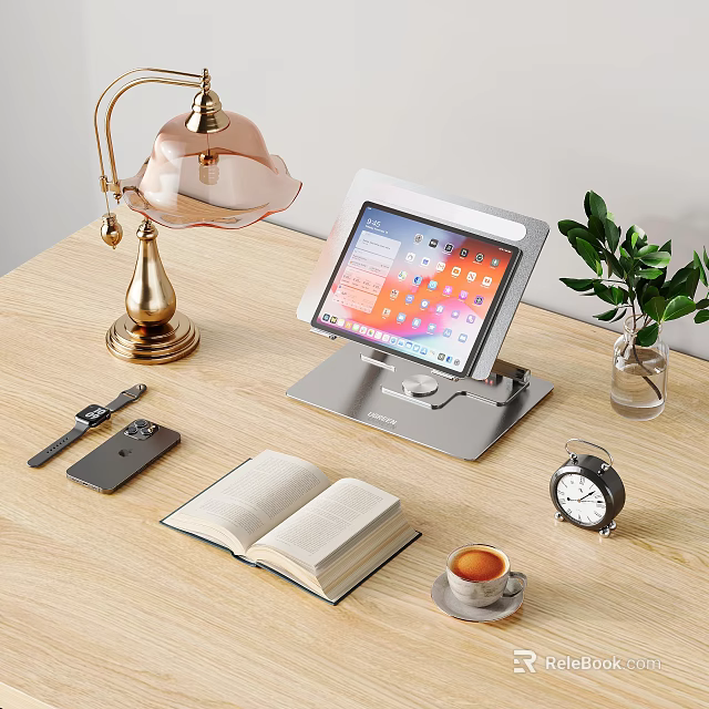 Desktop Decorative Ornament Set With Golden Lamp Tablet Stand Green Plant Book And Alarm Clock 3d model 