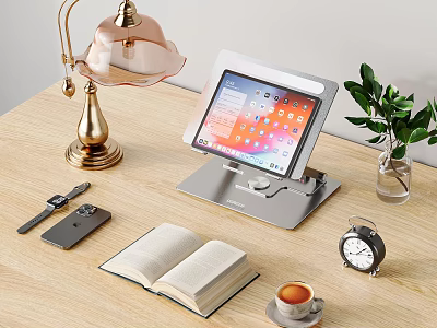 Desktop Decorative Ornament Set With Golden Lamp Tablet Stand Green Plant Book And Alarm Clock 3d model