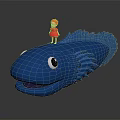 Little Girl In Red Dress Standing On Blue Giant Fish With Big Eyes And Fins