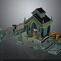 Teal Small Building With Brown Roof Spires Fence Tombstones And Barrel