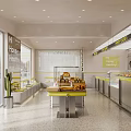 Dessert Shop Interior Featuring Glass Display Cases Fresh Bread Yellow Counter Cashier And Seating Area