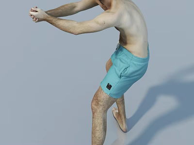 Shirtless Man Stretching Arms Wearing Blue Shorts on Gray Background 3d model