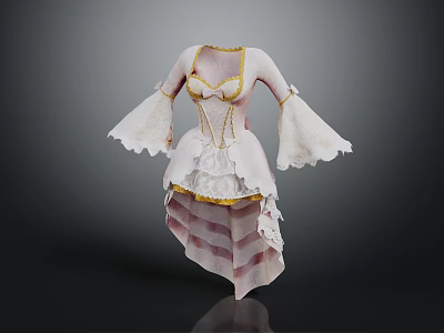 Elegant White Dress with Gold Trim and Lace Details Flared Bell Sleeves Layered Asymmetric Hem 3d model