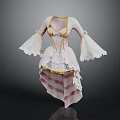 Elegant White Dress with Gold Trim and Lace Details Flared Bell Sleeves Layered Asymmetric Hem