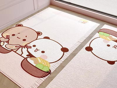 Light Colored Square Carpet With Cartoon Bear Panda Noodle Burger And Tassel Design 3d model