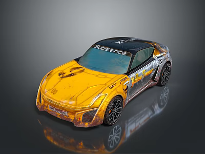 Yellow Worn Sports Car With Black Roof And SUPPERCE NITROMAX Decals 3d model