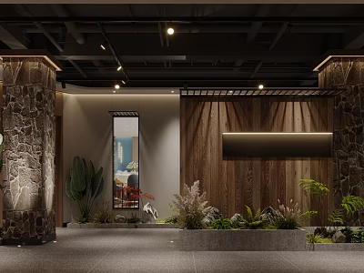 Warm Restaurant Entrance With Stone Columns Wooden Panels And Green Plants 3d model