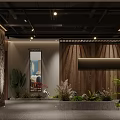 Warm Restaurant Entrance With Stone Columns Wooden Panels And Green Plants