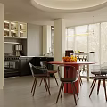 Modern Restaurant Interior With Red Dining Table Transparent Chairs Open Kitchen And Cabinets 3d model