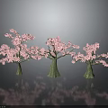 Three Pink Flowering Trees With Green Trunks On Grey Background And Ground Reflections