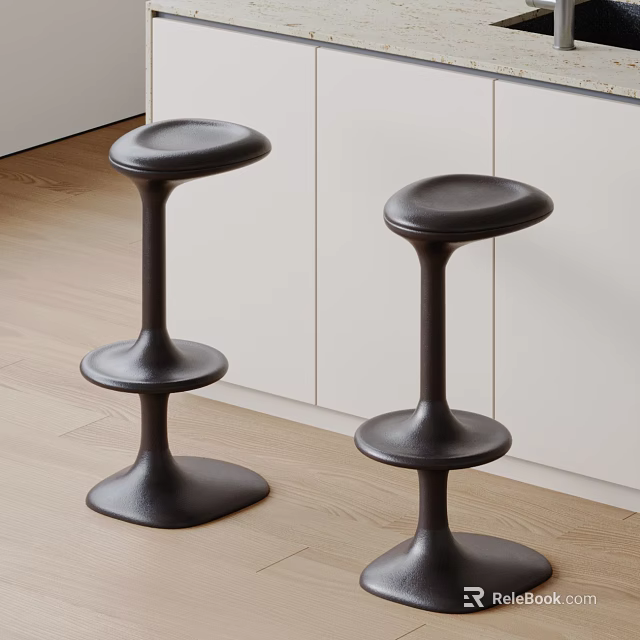 Modern Black Bar Stools in Kitchen with Light Colored Cabinets and Wooden Floor 3d model 