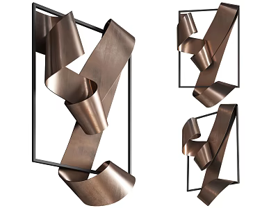 Modern Copper Metal Wall Decor with Curved Ribbons and Black Square Frames 3d model