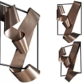 Modern Copper Metal Wall Decor with Curved Ribbons and Black Square Frames 3d model