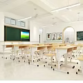School Classroom With Tables Chairs Ceiling Fans Blackboard Large Screen And Yellow White Wall Design