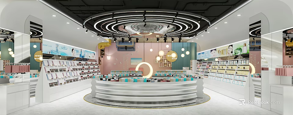 Specialty Store Interior Design Featuring Circular Counter Bright Lighting Product Shelves And Pink Blue Walls 3d model 