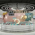 Specialty Store Interior Design Featuring Circular Counter Bright Lighting Product Shelves And Pink Blue Walls