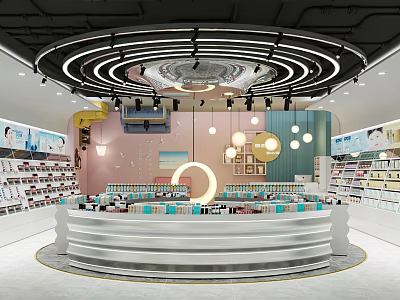 Specialty Store Interior Design Featuring Circular Counter Bright Lighting Product Shelves And Pink Blue Walls 3d model