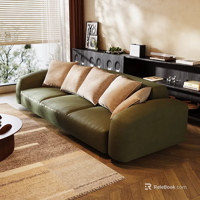Green Upholstered Sectional Sofa With Beige Cushions In Living Room With Wooden Floor And Bookshelf 3d model 