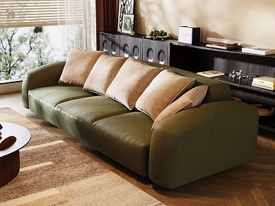 Green Upholstered Sectional Sofa With Beige Cushions In Living Room With Wooden Floor And Bookshelf 3d model
