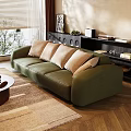 Green Upholstered Sectional Sofa With Beige Cushions In Living Room With Wooden Floor And Bookshelf