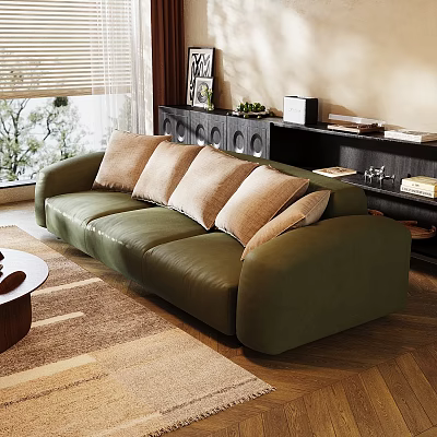 Green Upholstered Sectional Sofa With Beige Cushions In Living Room With Wooden Floor And Bookshelf 3d model