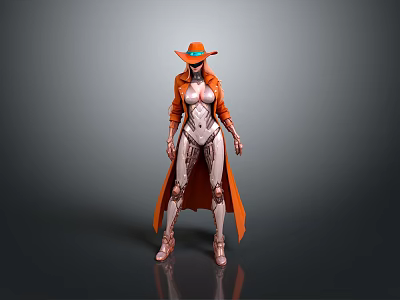Sci Fi Female Robot Wearing Orange Hat Long Coat And Mechanical Body 3d model
