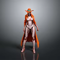 Sci Fi Female Robot Wearing Orange Hat Long Coat And Mechanical Body
