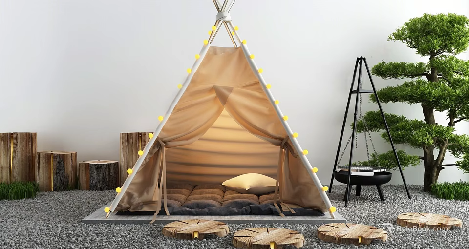 Tipi Style Tent Decorated With String Lights Mattress And Pillow Inside Wooden Stumps Outside 3d model 